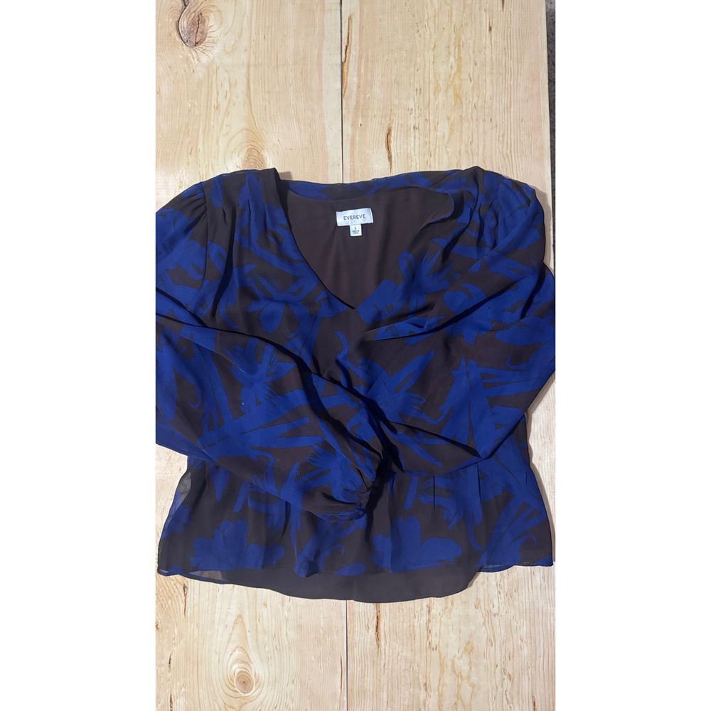 Evereve Blue Brown Abstract Floral Smocked‎ Peplum Balloon Sleeve Blouse Large